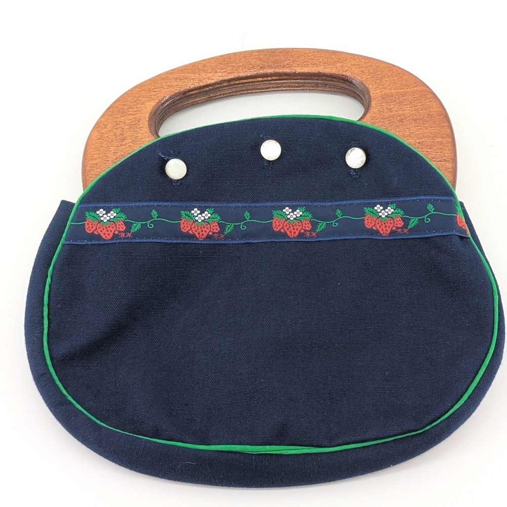 Vintage Banner House Navy Blue Canvas Handbag Strawberry Wood Handle USA Made